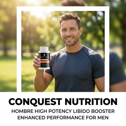 Man holding a supplement bottle with 'Conquest Nutrition' branding in an outdoor setting