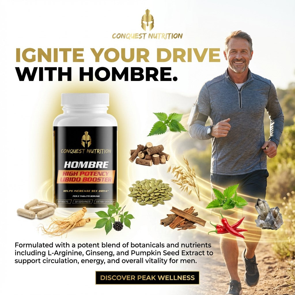 Advertisement for Conquest Nutrition Hombre supplement with a man running outdoors.