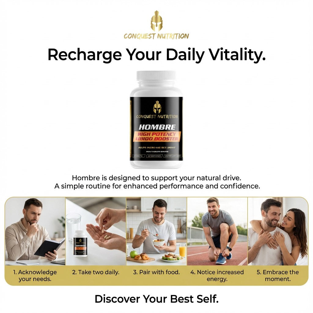 Advertisement for Conquest Nutrition Hombre supplement with product display and lifestyle images.