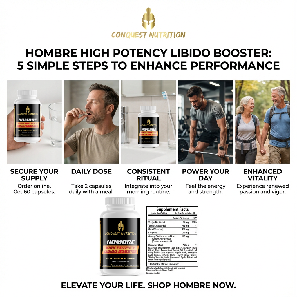 Advertisement for Congest Nutrition Hombre High Potency Libido Booster with product packaging and usage instructions.