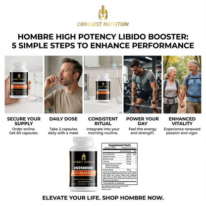 Advertisement for Congest Nutrition Hombre High Potency Libido Booster with product packaging and usage instructions.
