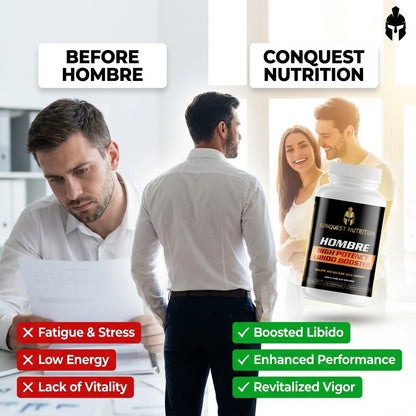 Advertisement for Conquest Nutrition Hombre supplement showing a man before and after using the product.