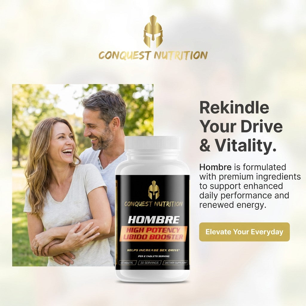 Advertisement for Conquest Nutrition Hombre supplement with a couple in a park.