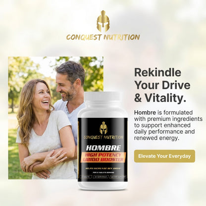 Advertisement for Conquest Nutrition Hombre supplement with a couple in a park.