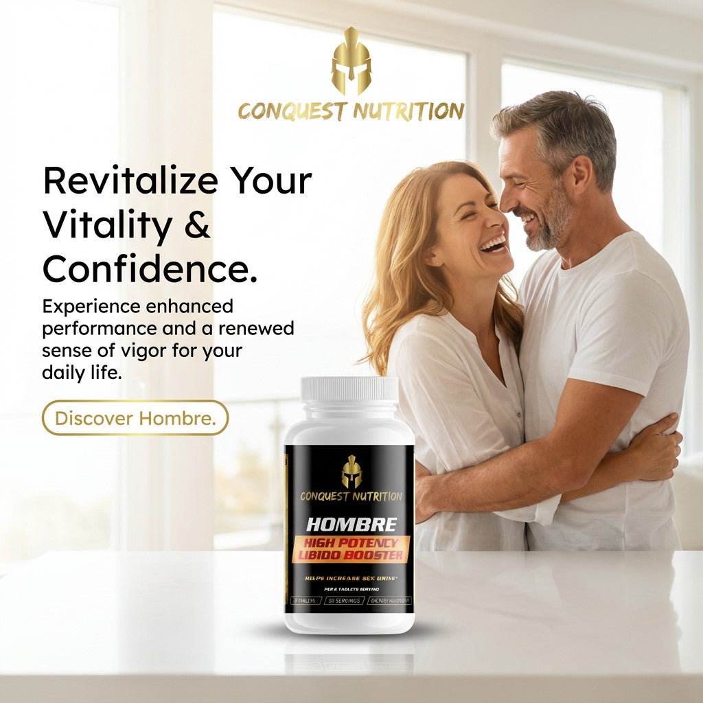 Advertisement for Conquest Nutrition Hombre supplement with a couple embracing in the background.