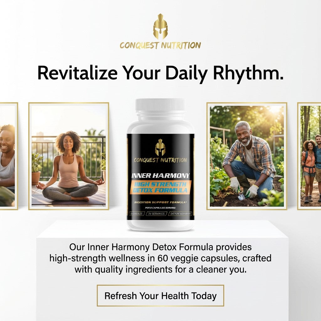 Conquest Nutrition Inner Harmony Detox Formula supplement with lifestyle images and text on a white background