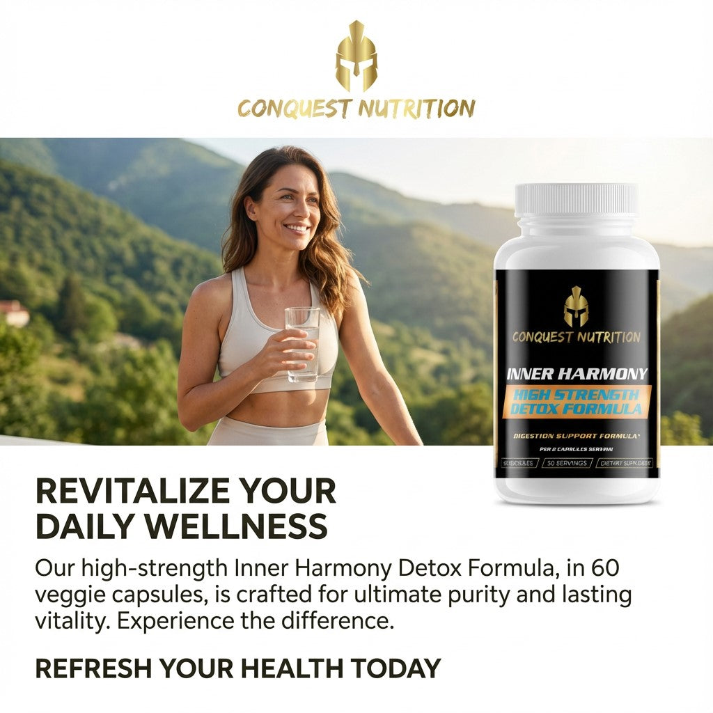 Woman holding a glass of water with Conquest Nutrition supplement bottle and text about wellness and detox formula.