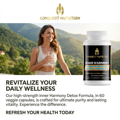 Woman holding a glass of water with Conquest Nutrition supplement bottle and text about wellness and detox formula.