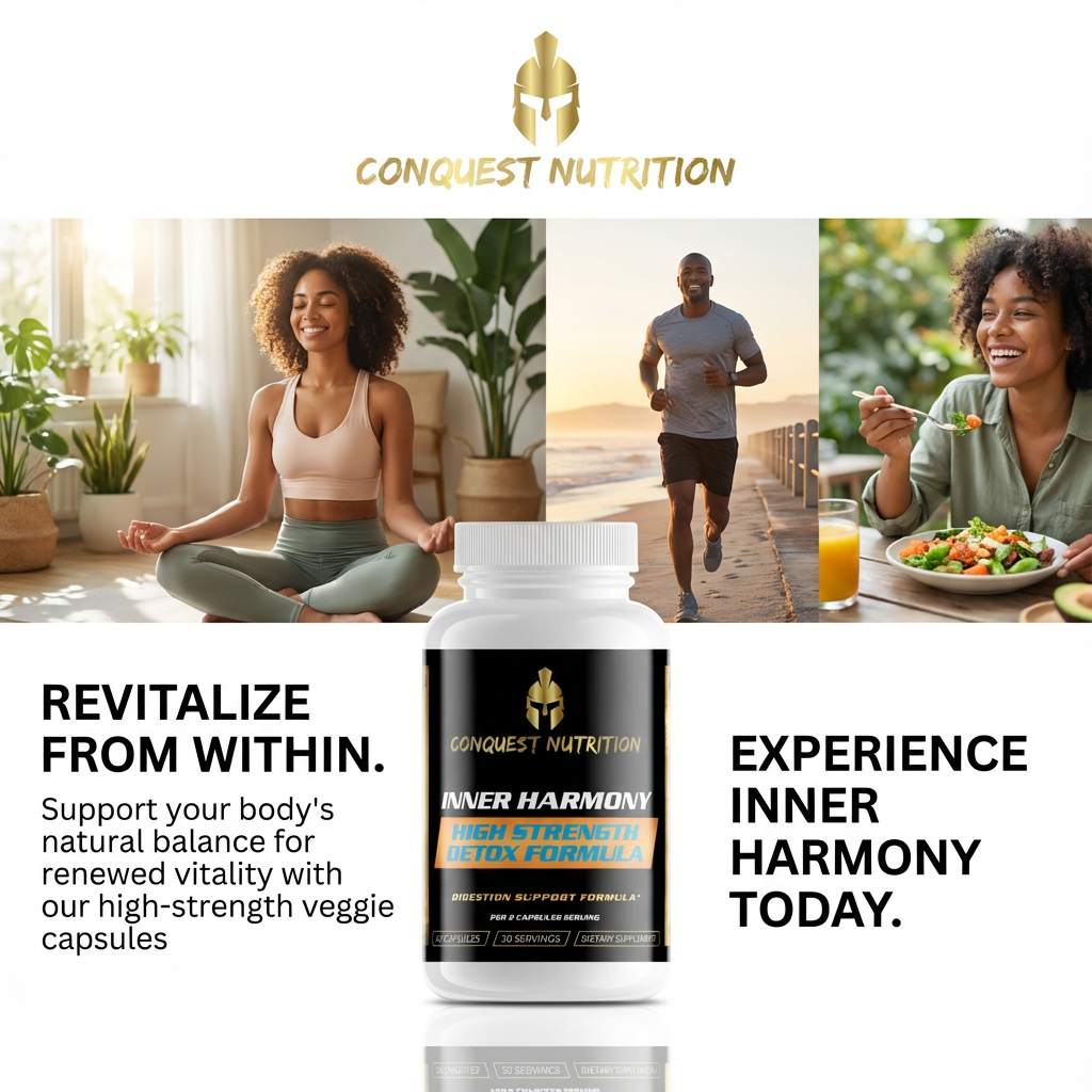 Advertisement for Conquest Nutrition Inner Harmony supplement with lifestyle images and text.