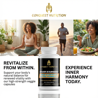 Advertisement for Conquest Nutrition Inner Harmony supplement with lifestyle images and text.