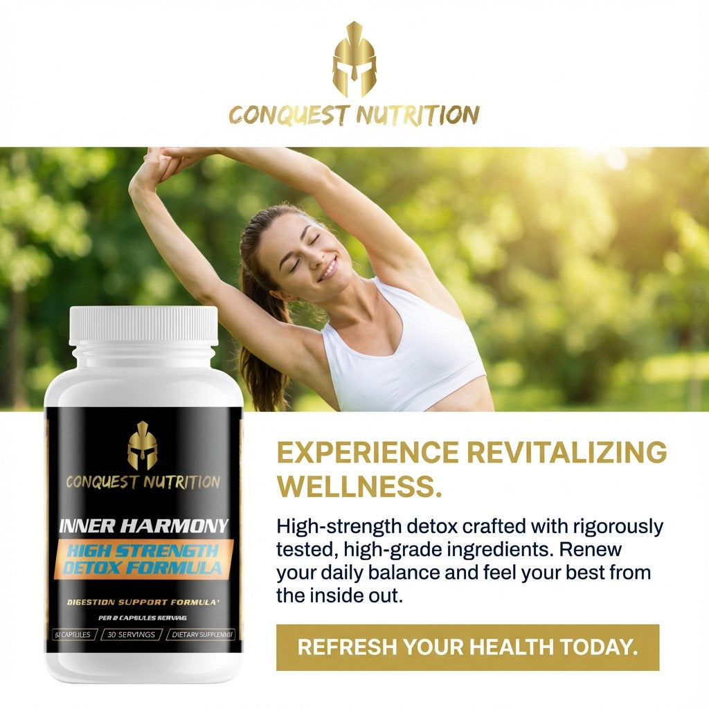 Conquest Nutrition supplement bottle with a woman exercising outdoors, promoting revitalizing wellness.