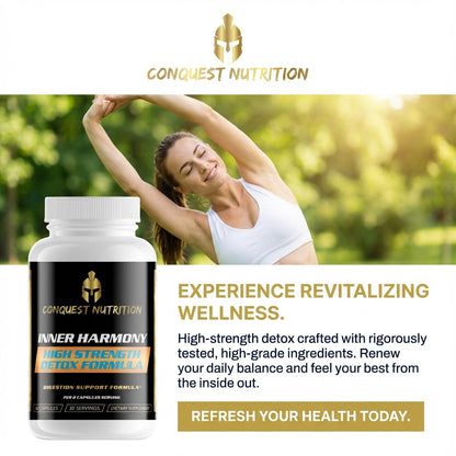 Conquest Nutrition supplement bottle with a woman exercising outdoors, promoting revitalizing wellness.