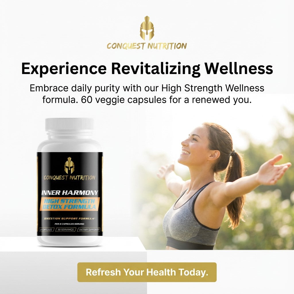 Advertisement for Conquest Nutrition supplements with a woman outdoors and product packaging.