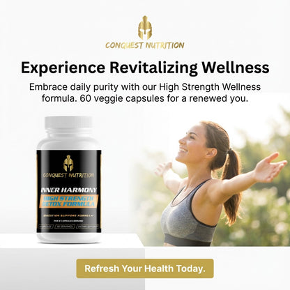Advertisement for Conquest Nutrition supplements with a woman outdoors and product packaging.