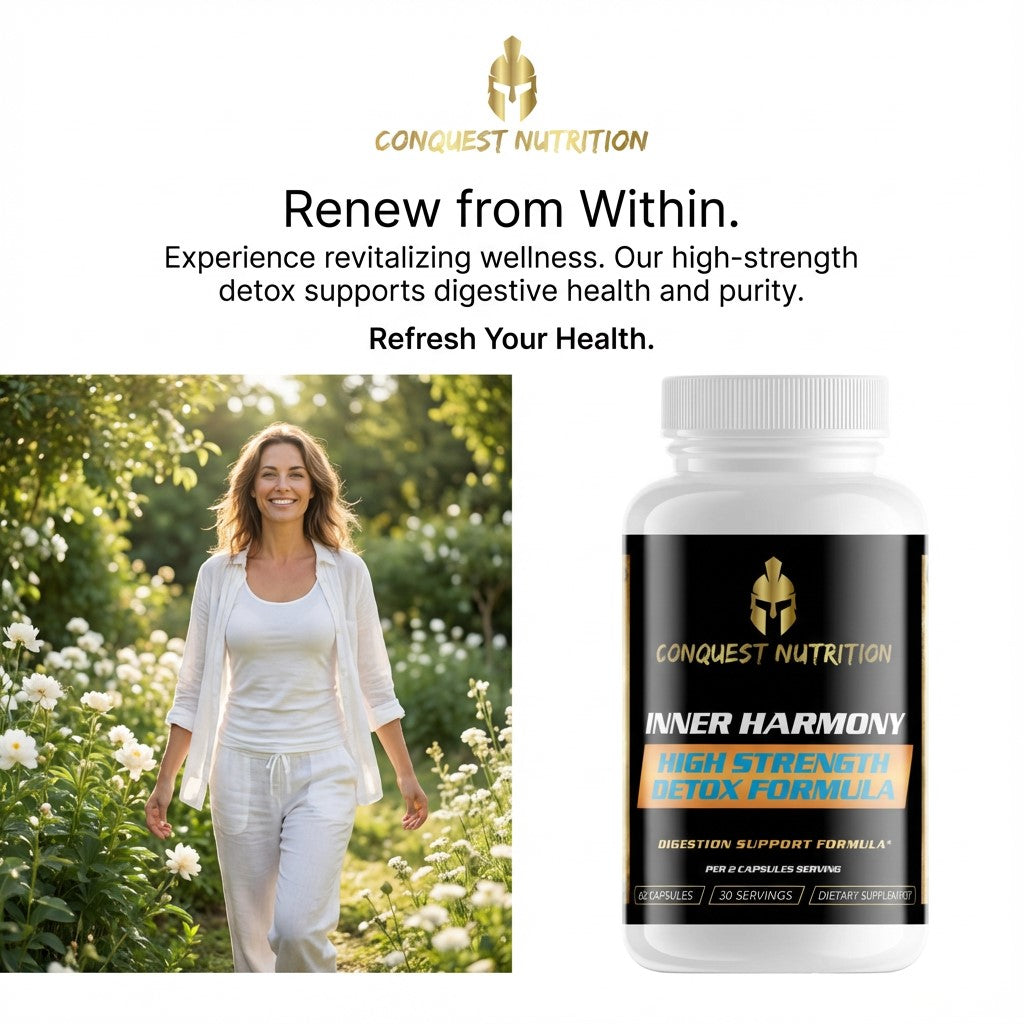 Conquest Nutrition Inner Harmony supplement bottle with a woman in a field of flowers and promotional text.