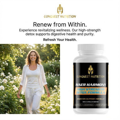 Conquest Nutrition Inner Harmony supplement bottle with a woman in a field of flowers and promotional text.