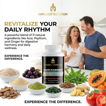 Advertisement for Conquest Nutrition Inner Harmony supplement with a couple in a kitchen and health ingredients.