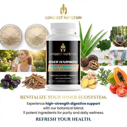 Conquest Nutrition Inner Harmony supplement bottle with health benefits and ingredients displayed.