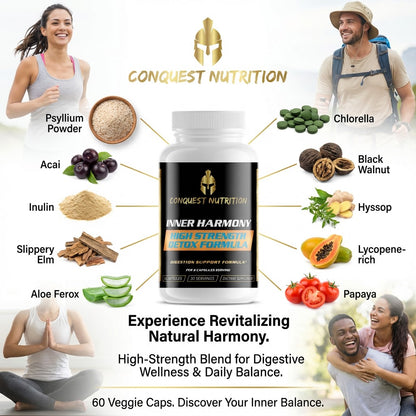 Conquest Nutrition Inner Harmony supplement bottle with ingredients and lifestyle images on a white background
