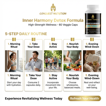 Advertisement for Conquest Nutrition Inner Harmony Detox Formula with daily routine steps and product packaging.