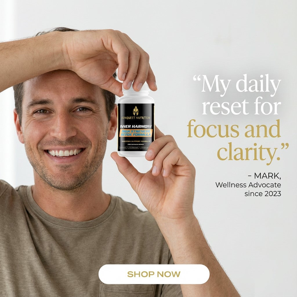 Man holding a supplement bottle with text about focus and clarity, and a 'Shop Now' button.