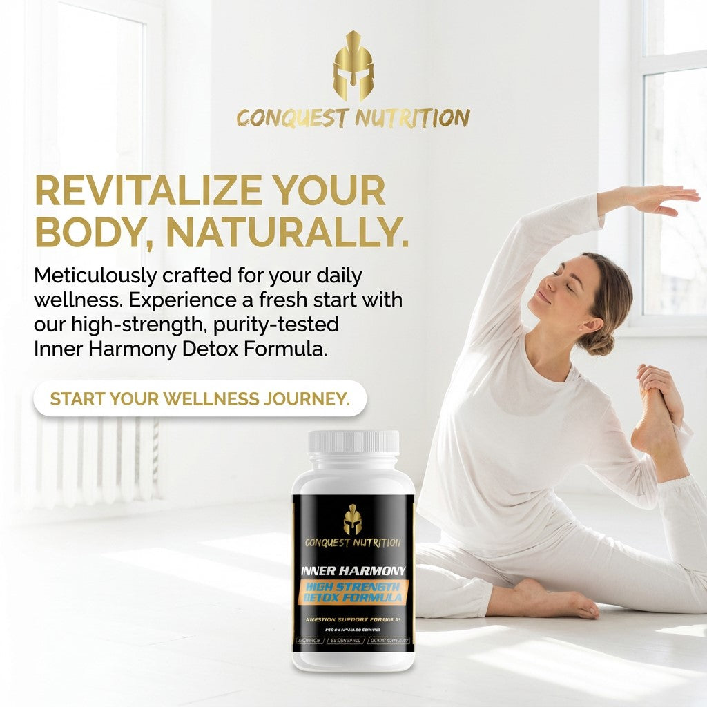 Advertisement for Conquest Nutrition Inner Harmony Detox Formula with a woman stretching in the background.