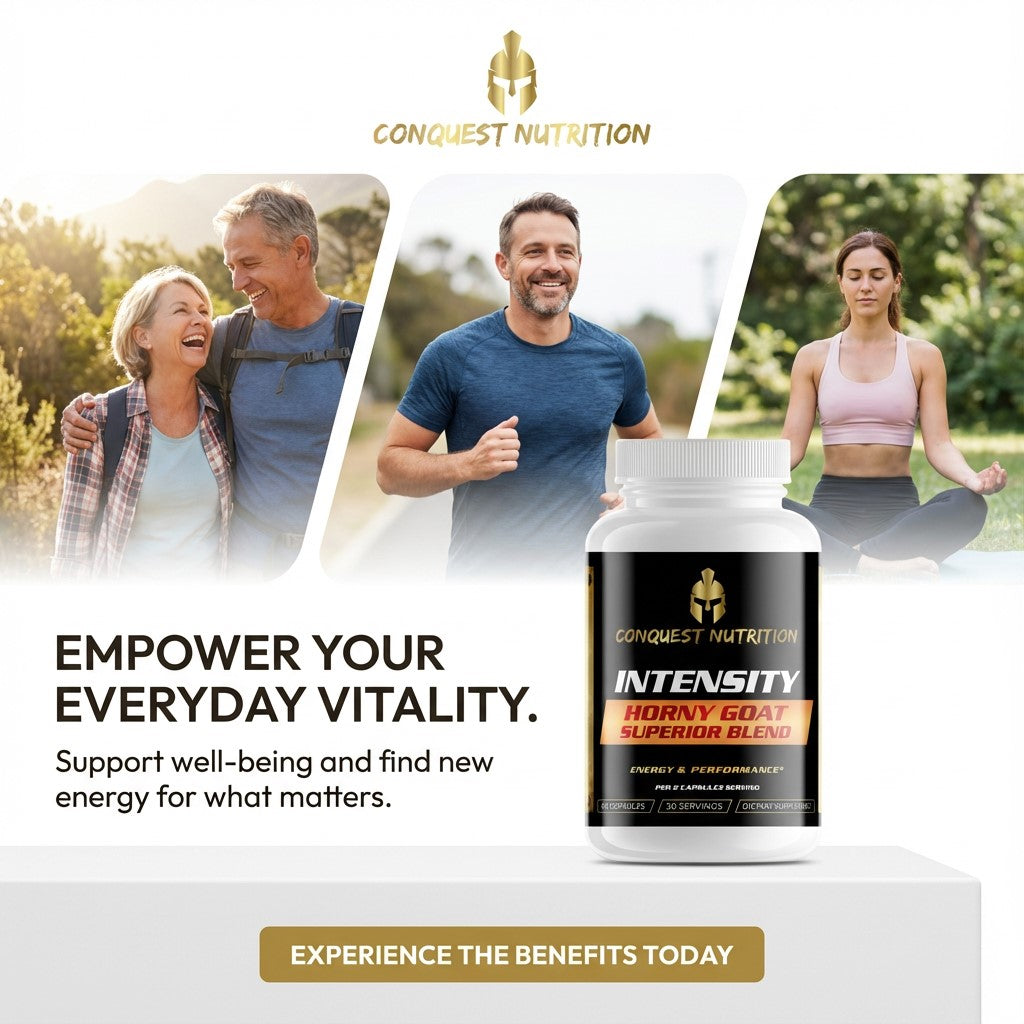 Conquest Nutrition supplement bottle with people exercising and enjoying outdoors, promoting energy and vitality.