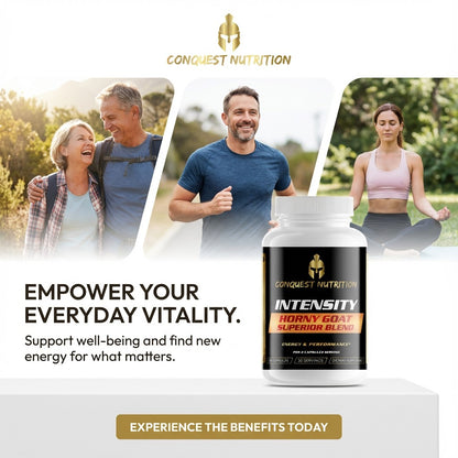Conquest Nutrition supplement bottle with people exercising and enjoying outdoors, promoting energy and vitality.