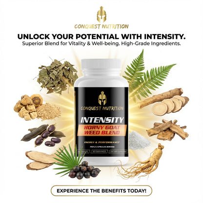 Conquest Nutrition Intensity Horny goat weed blend supplement with natural ingredients on a white background