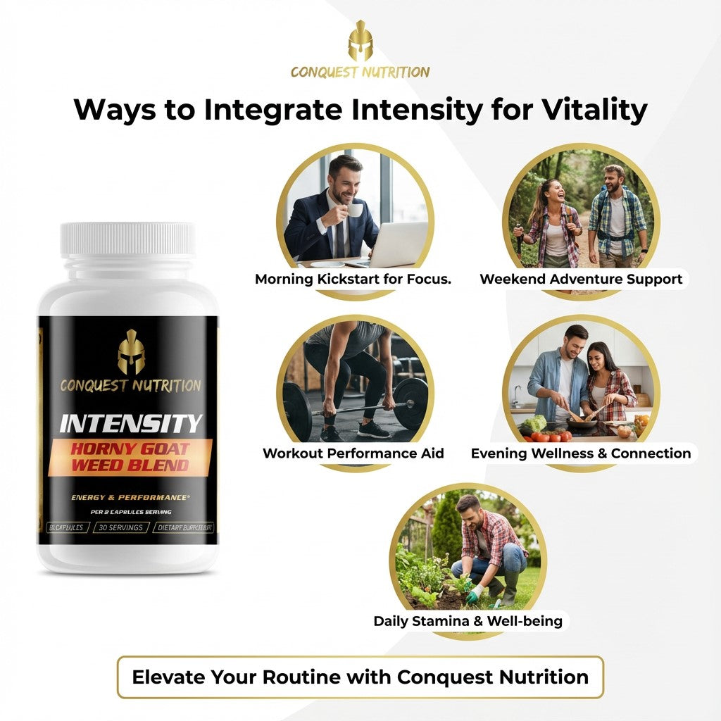 Conquest Nutrition Intensity supplement bottle with lifestyle images and text on a white background