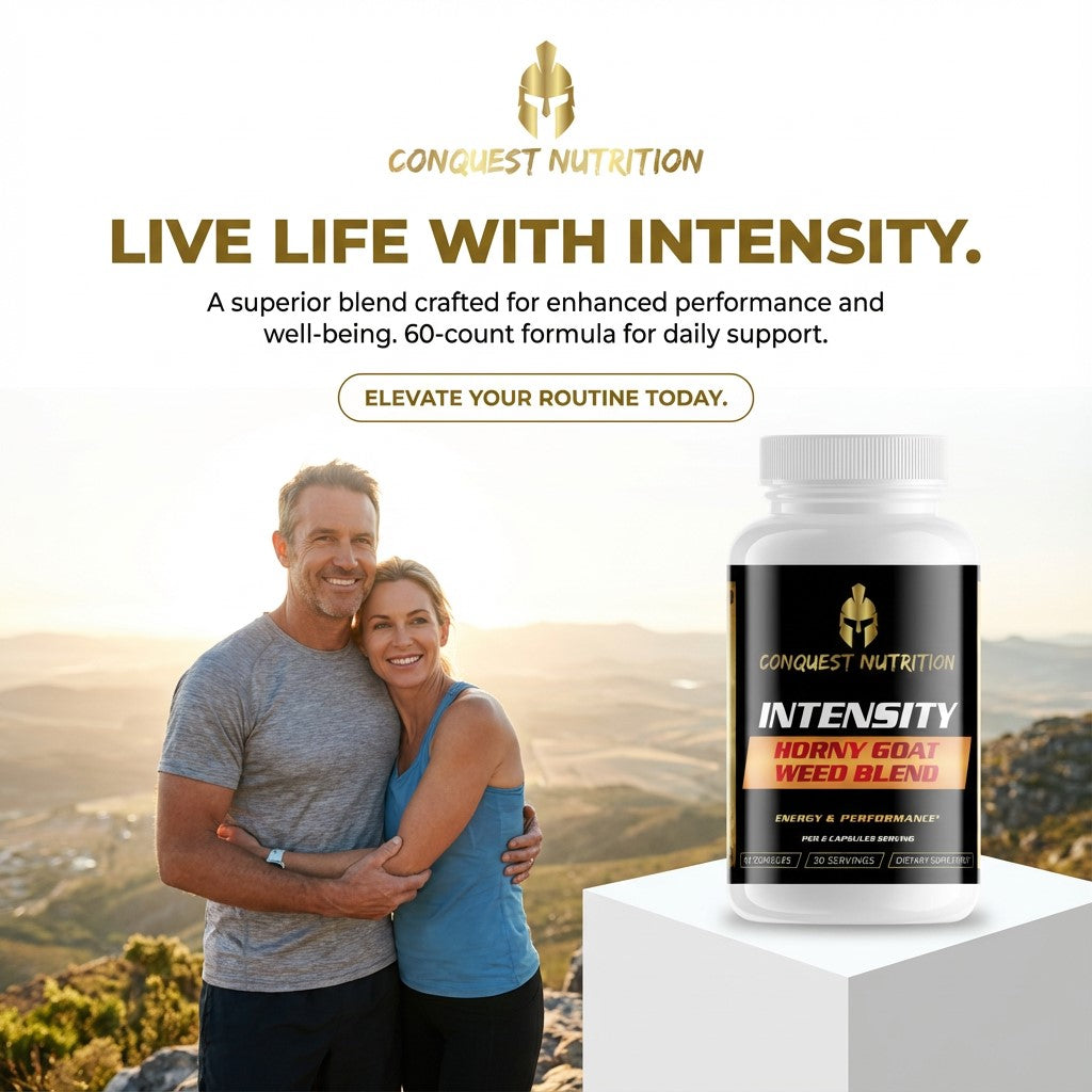 Advertisement for Conquest Nutrition Intensity supplement with a couple embracing outdoors.