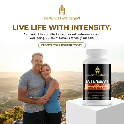 Advertisement for Conquest Nutrition Intensity supplement with a couple embracing outdoors.