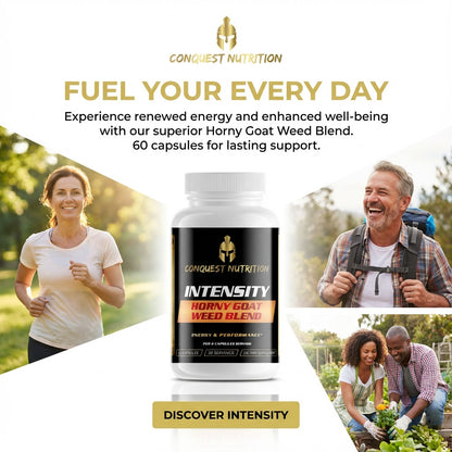 Advertisement for Conquest Nutrition Horny goat weed blend with people outdoors and product packaging.