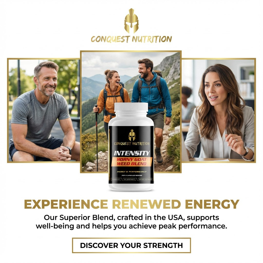 Advertisement for Conquest Nutrition Intensity product with lifestyle images and text about energy support.