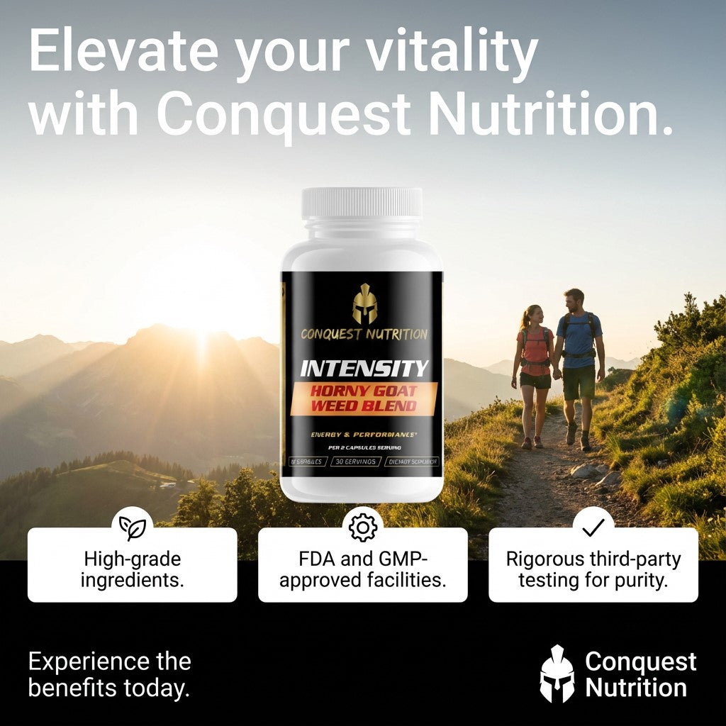Conquest Nutrition Intensity supplement bottle with a scenic background of two people hiking.
