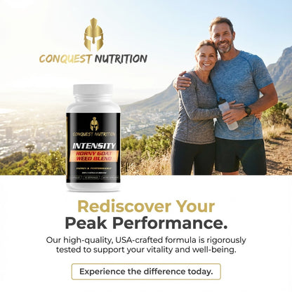 Couple embracing outdoors with Conquest Nutrition supplement bottle and text about peak performance.