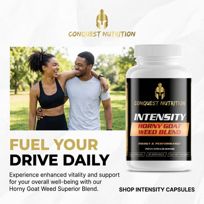 Bottle of Conquest Nutrition Intensity Horny goat weed blend with a couple in the background