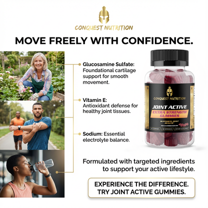 Advertisement for Conquest Nutrition Joint Active Gummies with product image and lifestyle photos.