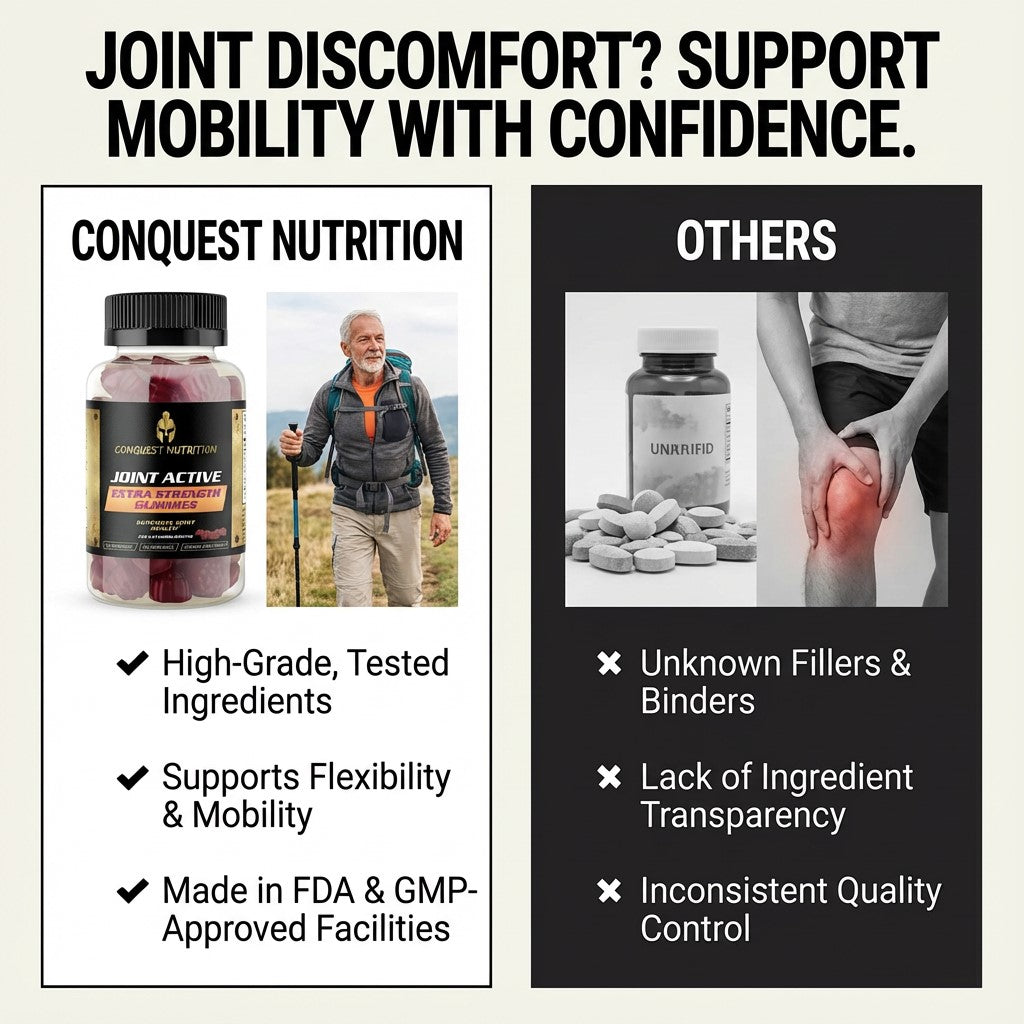 Advertisement comparing Conquest Nutrition joint supplement to 'Others' with negative attributes.