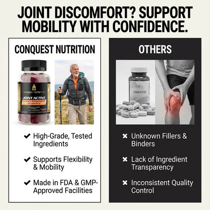 Advertisement comparing Conquest Nutrition joint supplement to 'Others' with negative attributes.
