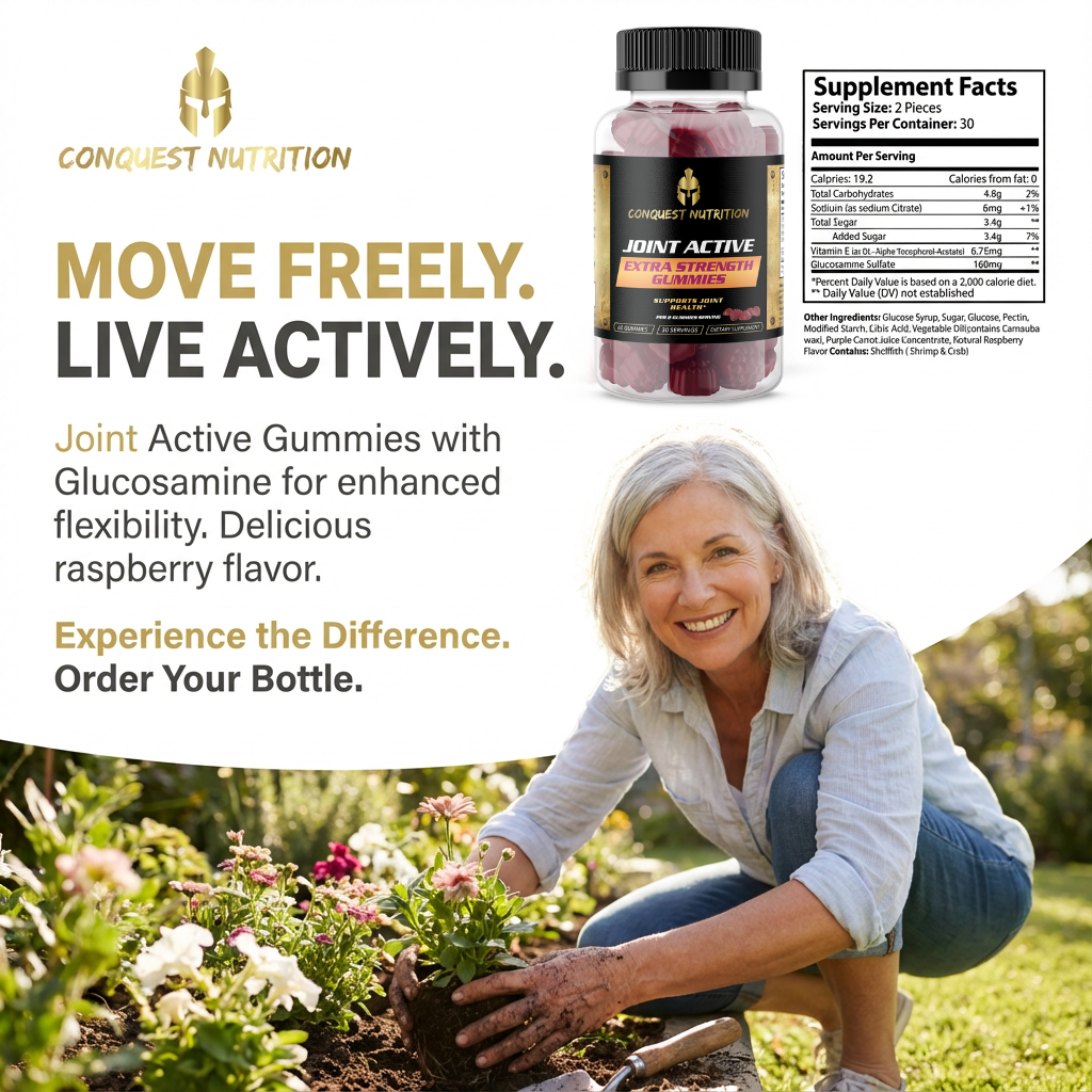 Advertisement for Conquest Nutrition Joint Active Gummies with a woman gardening.