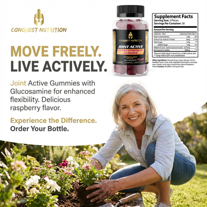 Advertisement for Conquest Nutrition Joint Active Gummies with a woman gardening.