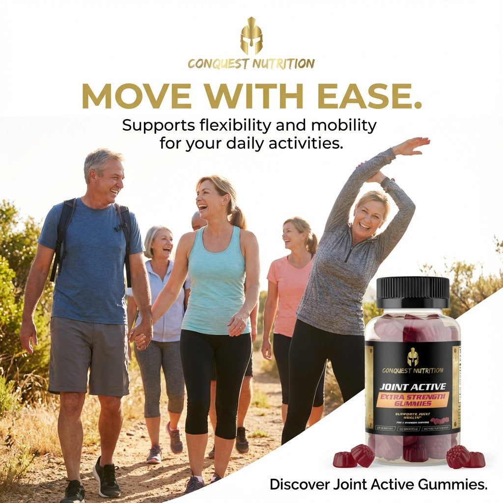 Advertisement for Conquest Nutrition Joint Active Gummies with people exercising outdoors.