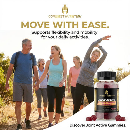 Advertisement for Conquest Nutrition Joint Active Gummies with people exercising outdoors.