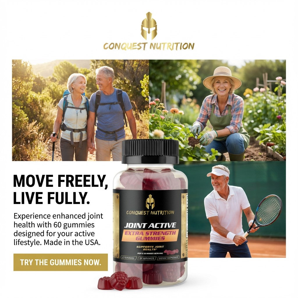 Advertisement for Conquest Nutrition Joint Active gummies with lifestyle images and product packaging.