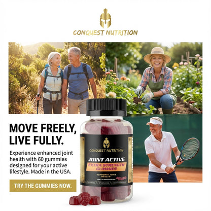 Advertisement for Conquest Nutrition Joint Active gummies with lifestyle images and product packaging.
