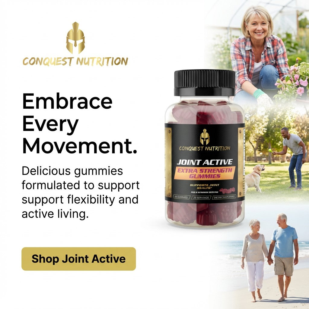 Conquest Nutrition Joint Active gummies advertisement with a woman and man walking their dog and a couple holding hands on a beach.