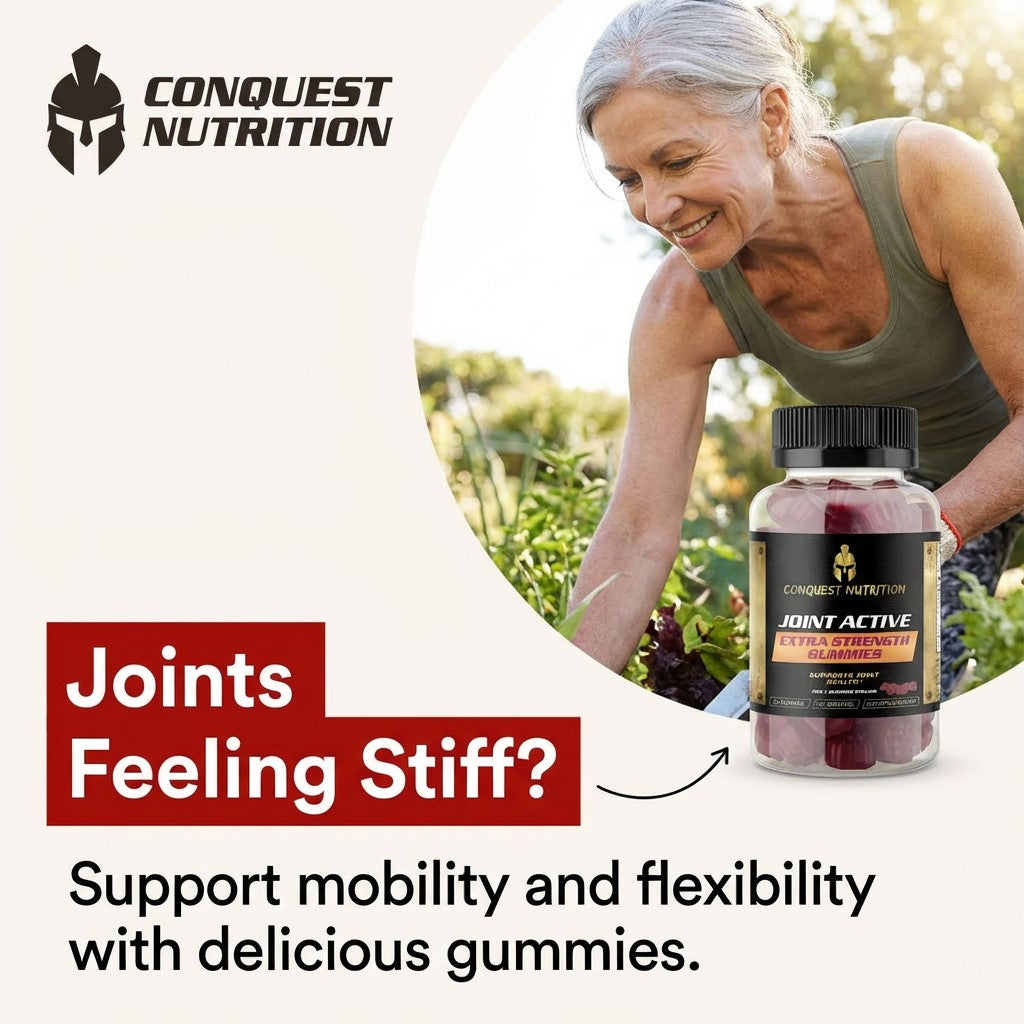 Advertisement for Conquest Nutrition Joint Active gummies with a woman outdoors.