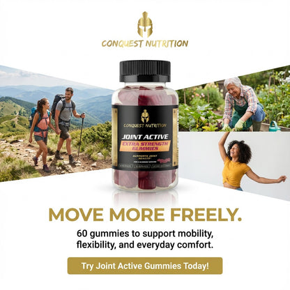 Conquest Nutrition Joint Active gummies packaging with lifestyle images of people outdoors.