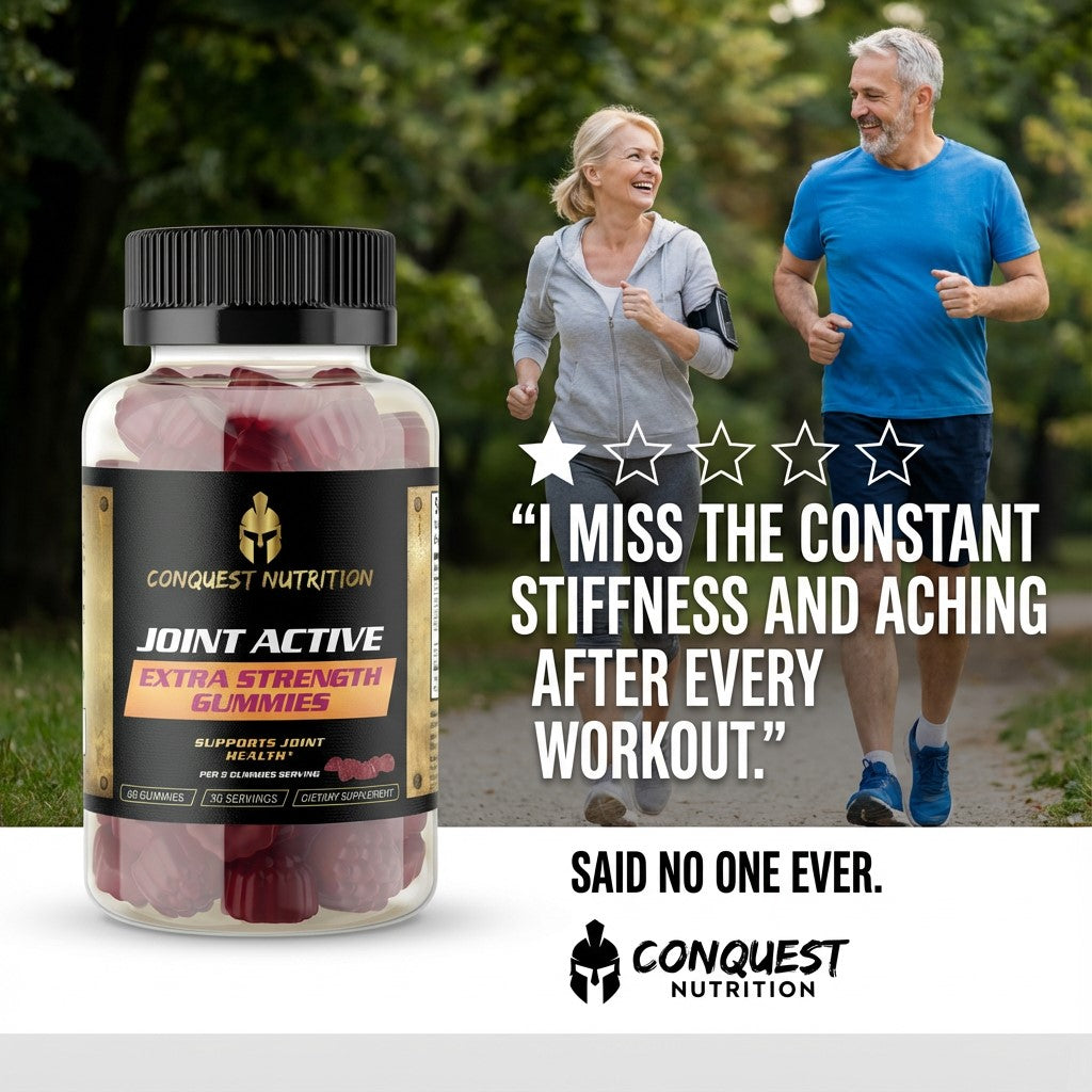 Conquest Nutrition Joint Active gummies with a couple running outdoors and a testimonial quote.
